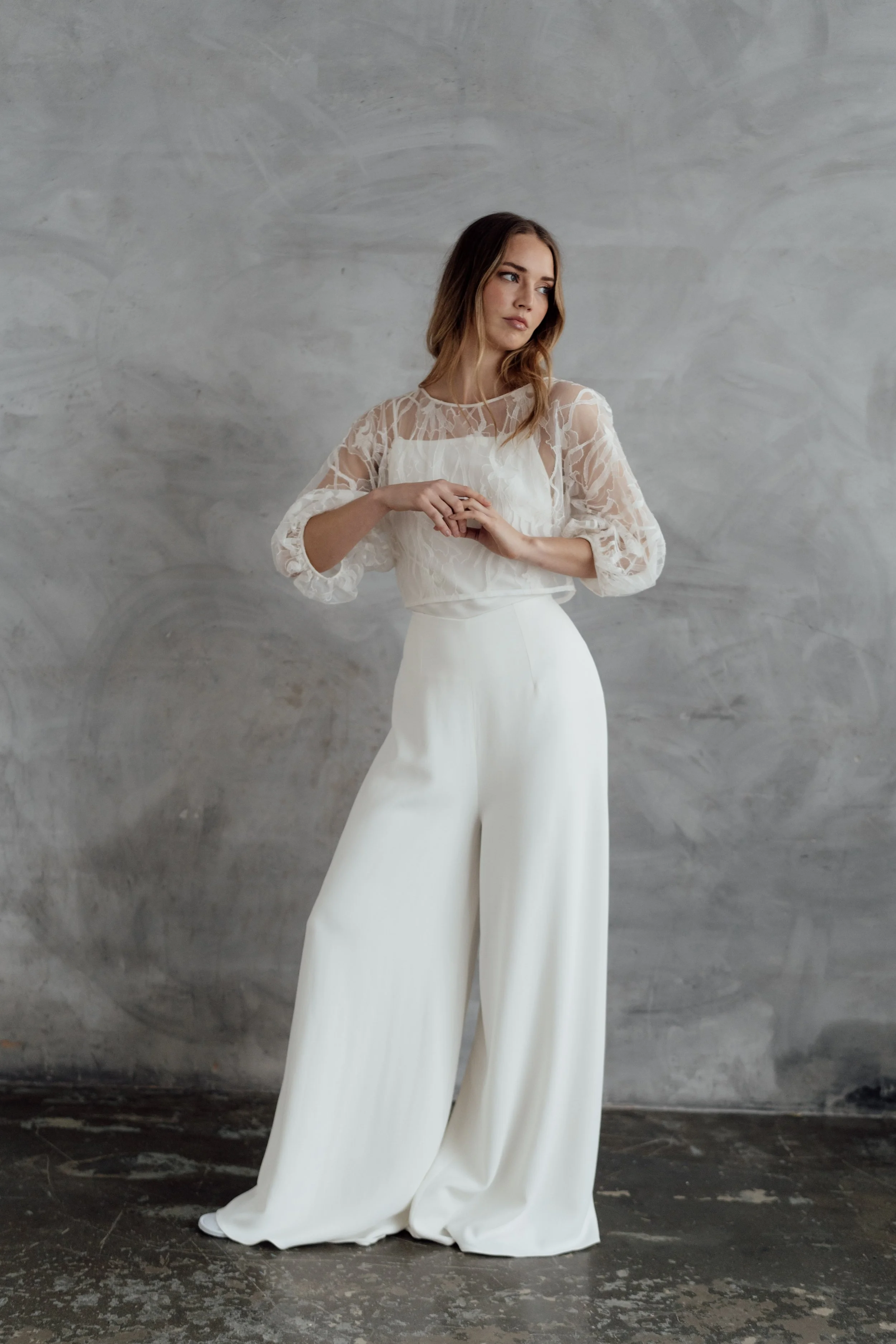 The Kirei Trousers. Bridal trousers with style and attitude. Wedding separates were never more chic. Rolling In Roses modern sustainable wedding dresses